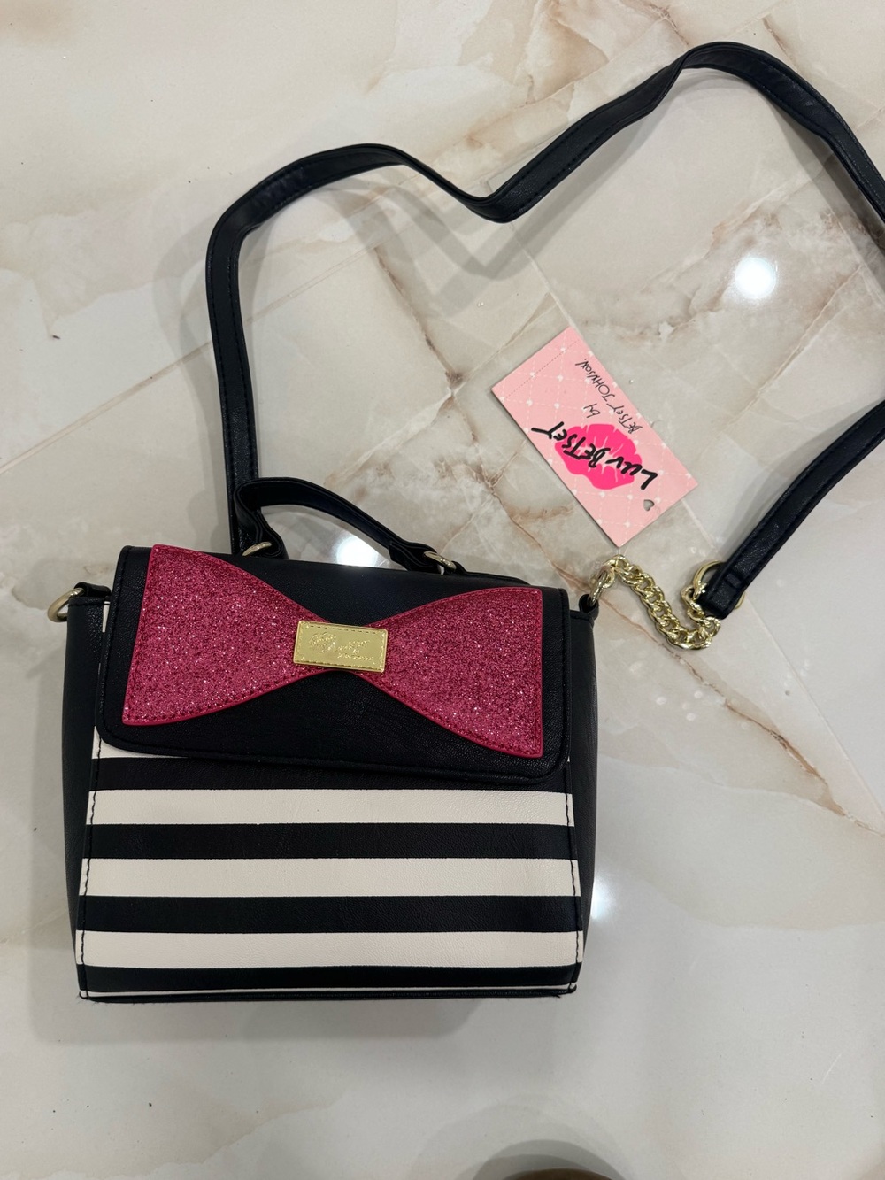 Betsey Johnson Black & White Striped Crossbody with Pink Glitter Bow